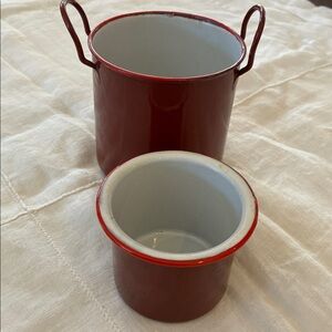 Antique Enamelware Dansk Red Almost Brown Glossy Red Set/2 Vessels Organizers